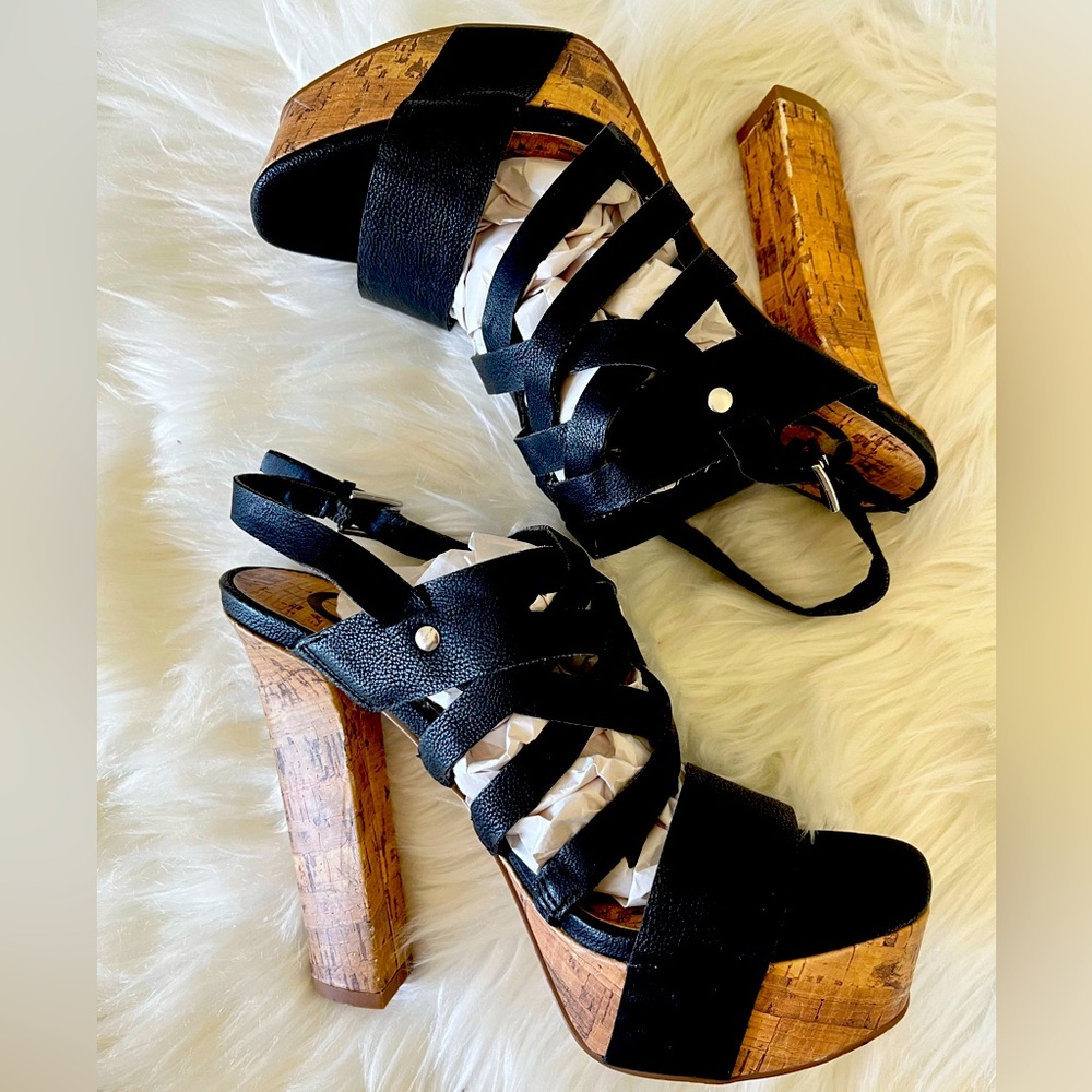 G By GUESS Woman’s Leather Cork Heel Sandals  Platform Slingback Black Size 6.5M